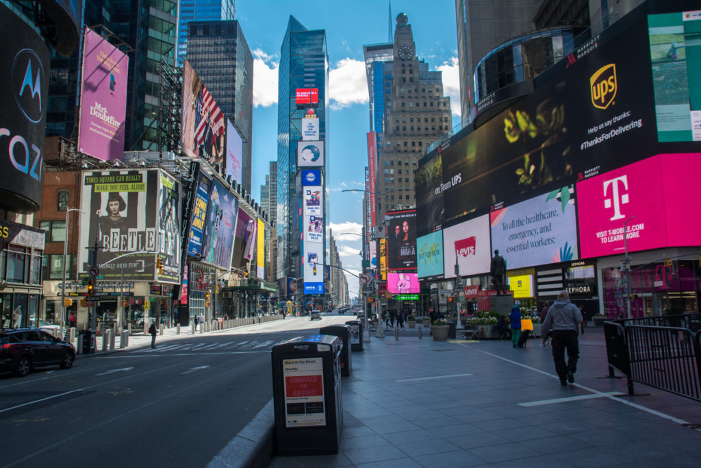 New York City, United States - April 23rd, 2020: The streets in and around Times Square are quite empty during the Covid-19 Pandemic